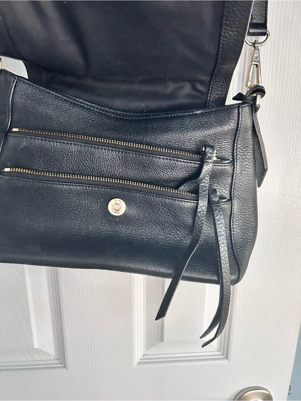 DKNY Black Leather Satchel with Gold Logo Accent